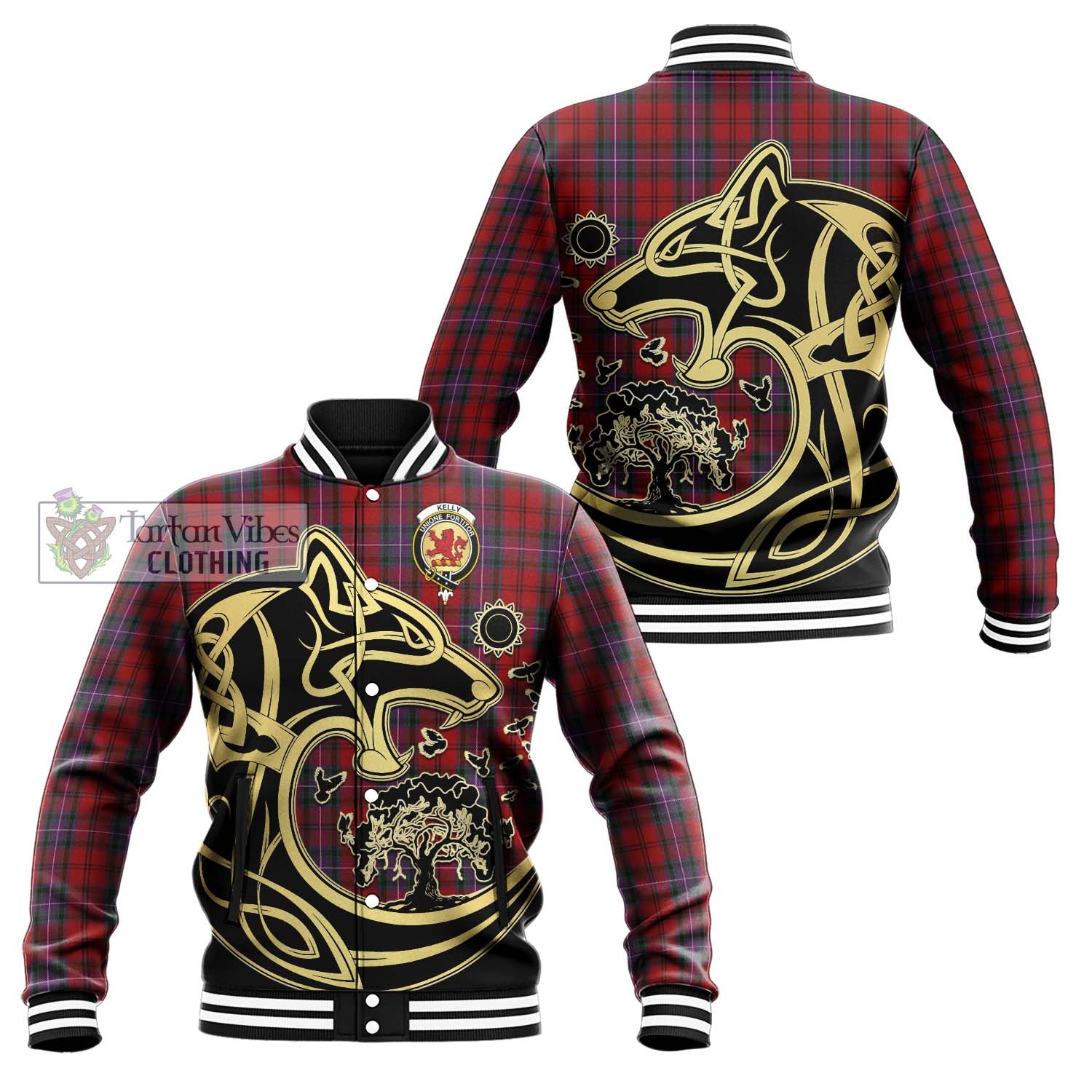 Tartan Vibes Clothing Kelly of Sleat Red Tartan Baseball Jacket with Family Crest Celtic Wolf Style
