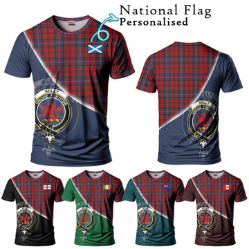 Kelly of Sleat Red Tartan T-Shirt with Personalised National Flag and Family Crest Half Style