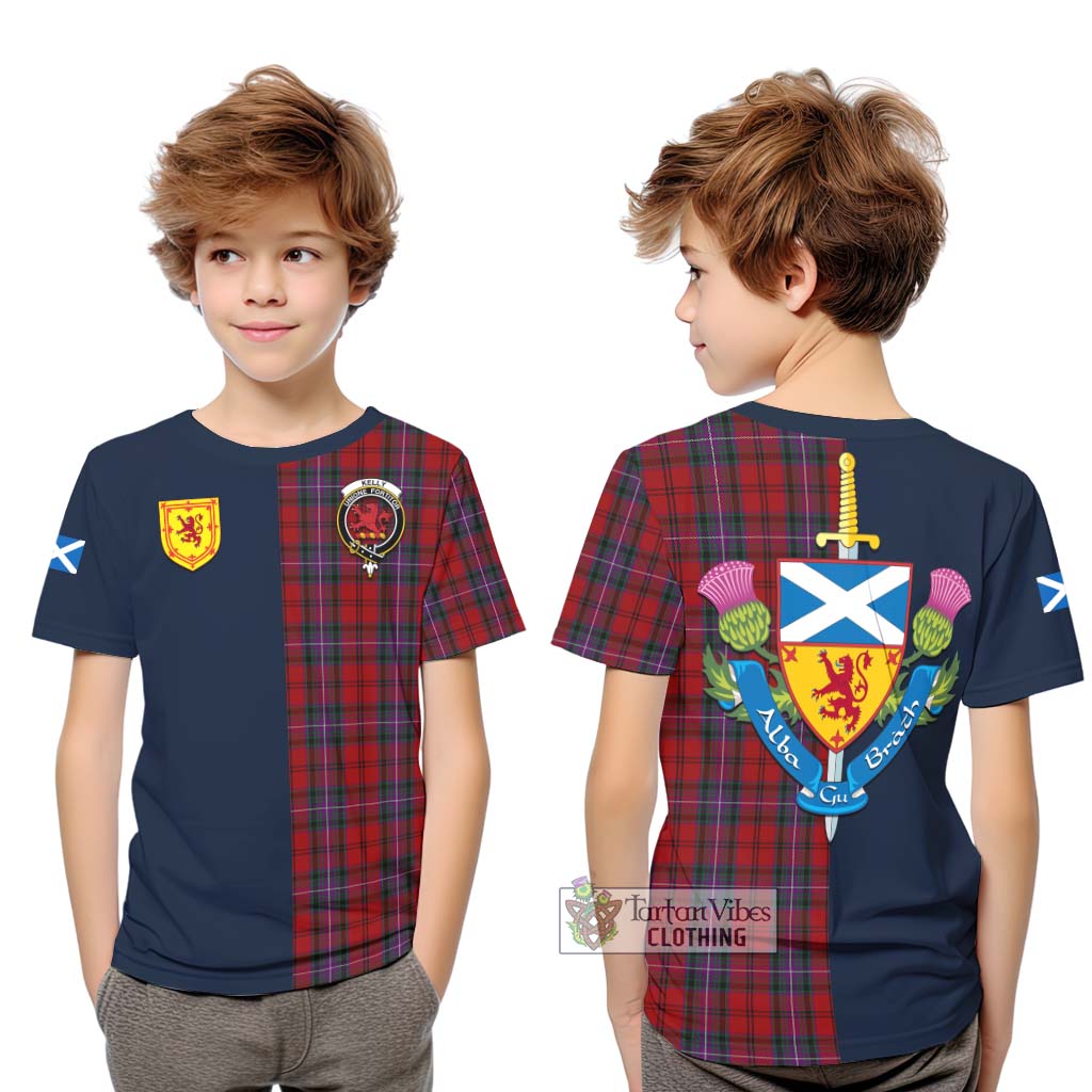 Tartan Vibes Clothing Kelly of Sleat Red Tartan Kid T-Shirt with Scottish Lion Royal Arm Half Style