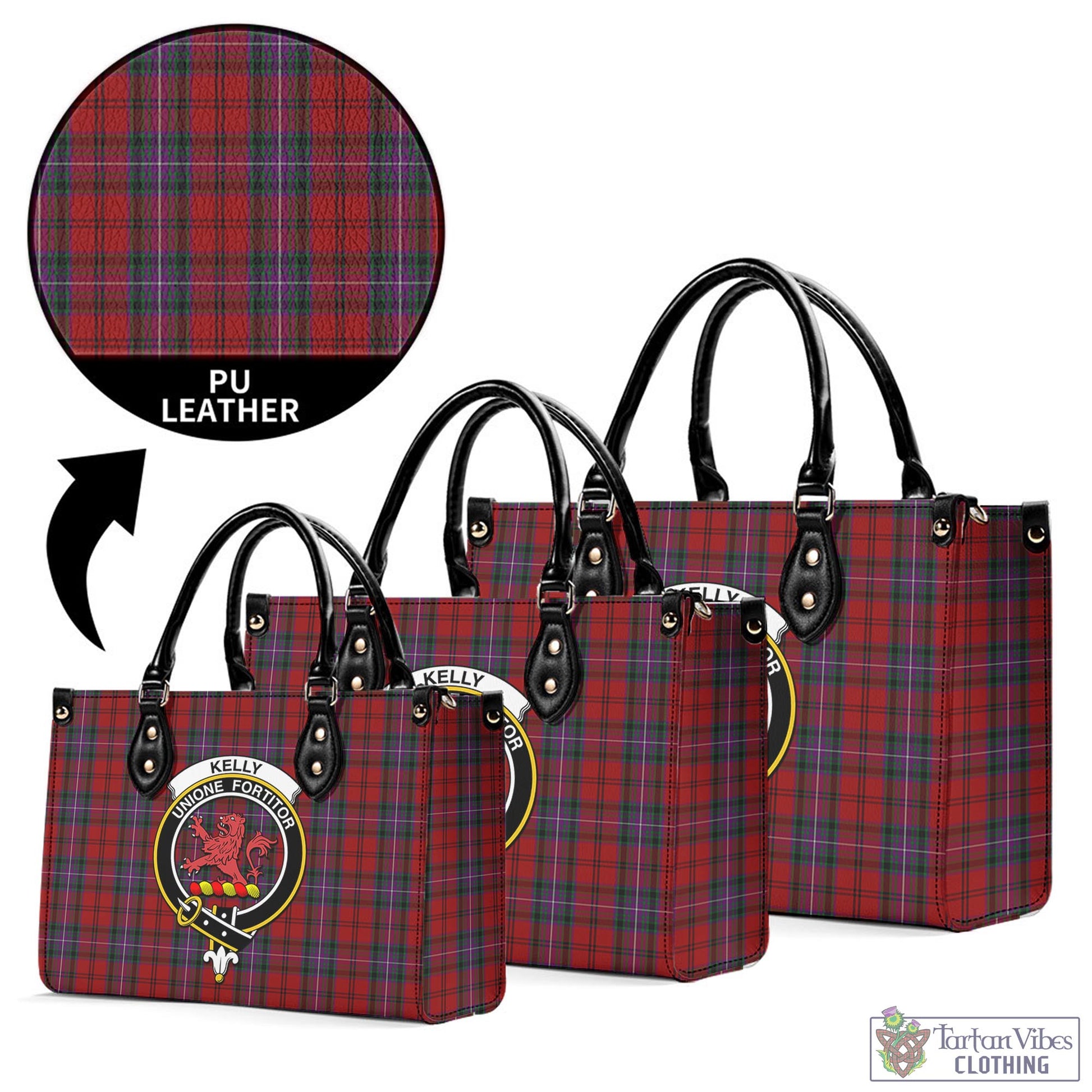 Tartan Vibes Clothing Kelly of Sleat Red Tartan Luxury Leather Handbags with Family Crest