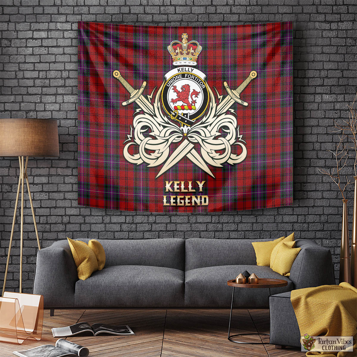 Tartan Vibes Clothing Kelly of Sleat Red Tartan Tapestry with Clan Crest and the Golden Sword of Courageous Legacy