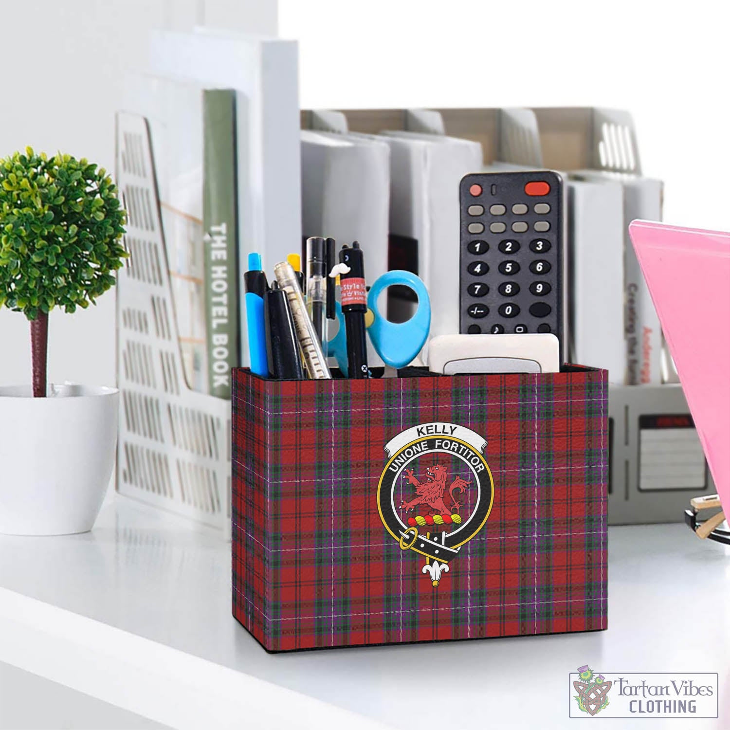 Tartan Vibes Clothing Kelly of Sleat Red Tartan Pen Holder with Family Crest