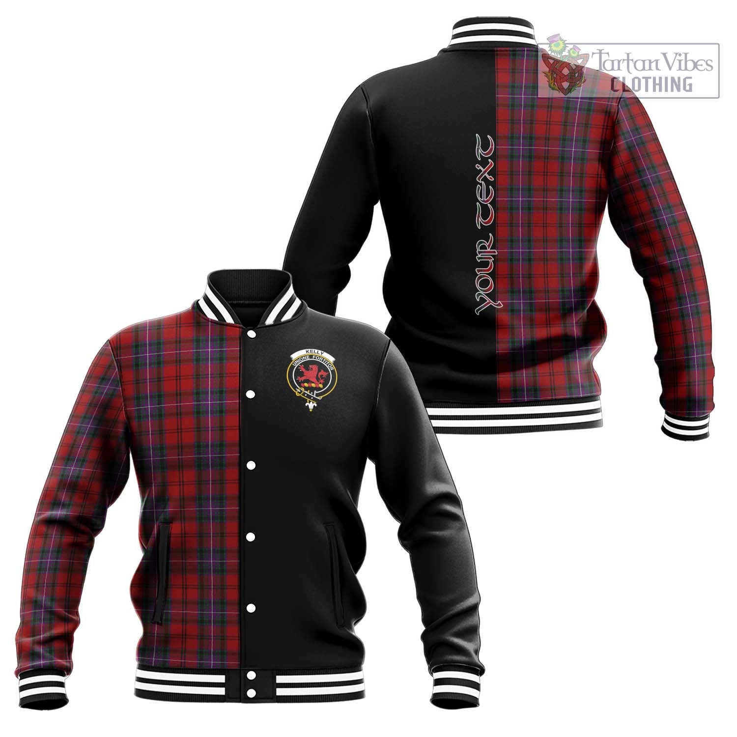 Tartan Vibes Clothing Kelly of Sleat Red Tartan Baseball Jacket with Family Crest and Half Of Me Style