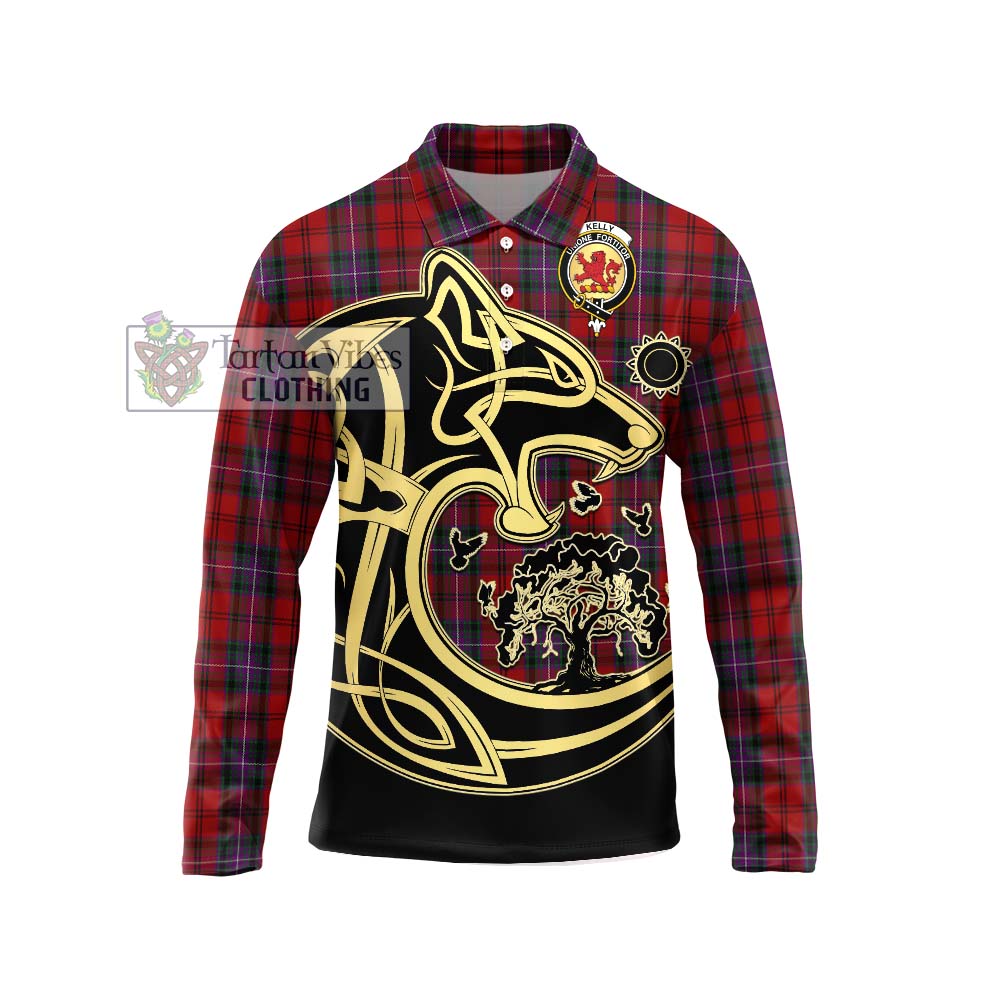 Kelly of Sleat Red Tartan Long Sleeve Polo Shirt with Family Crest Celtic Wolf Style Unisex - Tartanvibesclothing Shop