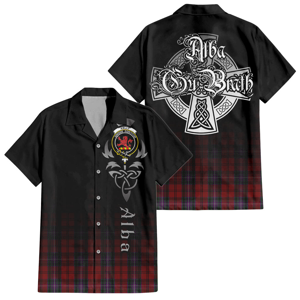 Tartan Vibes Clothing Kelly of Sleat Red Tartan Short Sleeve Button Up Featuring Alba Gu Brath Family Crest Celtic Inspired