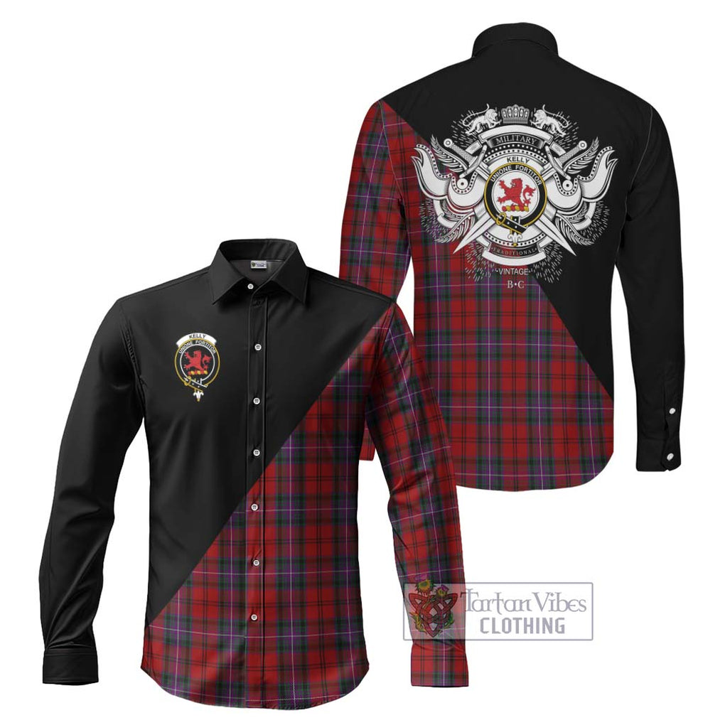 Kelly of Sleat Red Tartan Long Sleeve Button Shirt with Family Crest and Military Logo Style Men's Shirt S - Tartanvibesclothing Shop