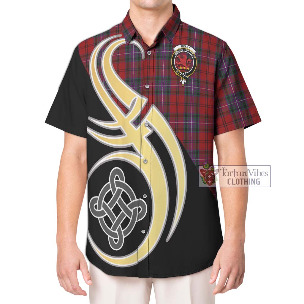 Kelly of Sleat Red Tartan Short Sleeve Button Shirt with Family Crest and Celtic Symbol Style Kid - Tartan Vibes Clothing