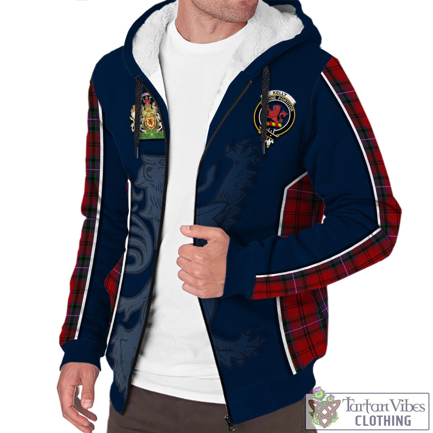 Tartan Vibes Clothing Kelly of Sleat Red Tartan Sherpa Hoodie with Family Crest and Lion Rampant Vibes Sport Style