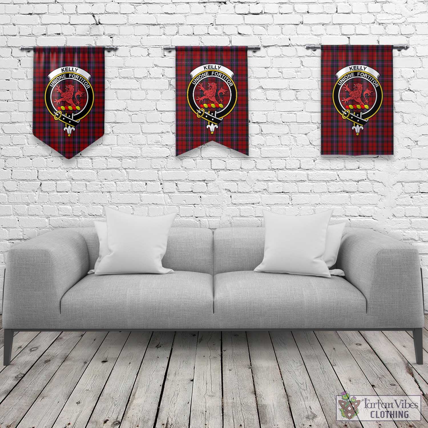 Tartan Vibes Clothing Kelly of Sleat Red Tartan Gonfalon, Tartan Banner with Family Crest