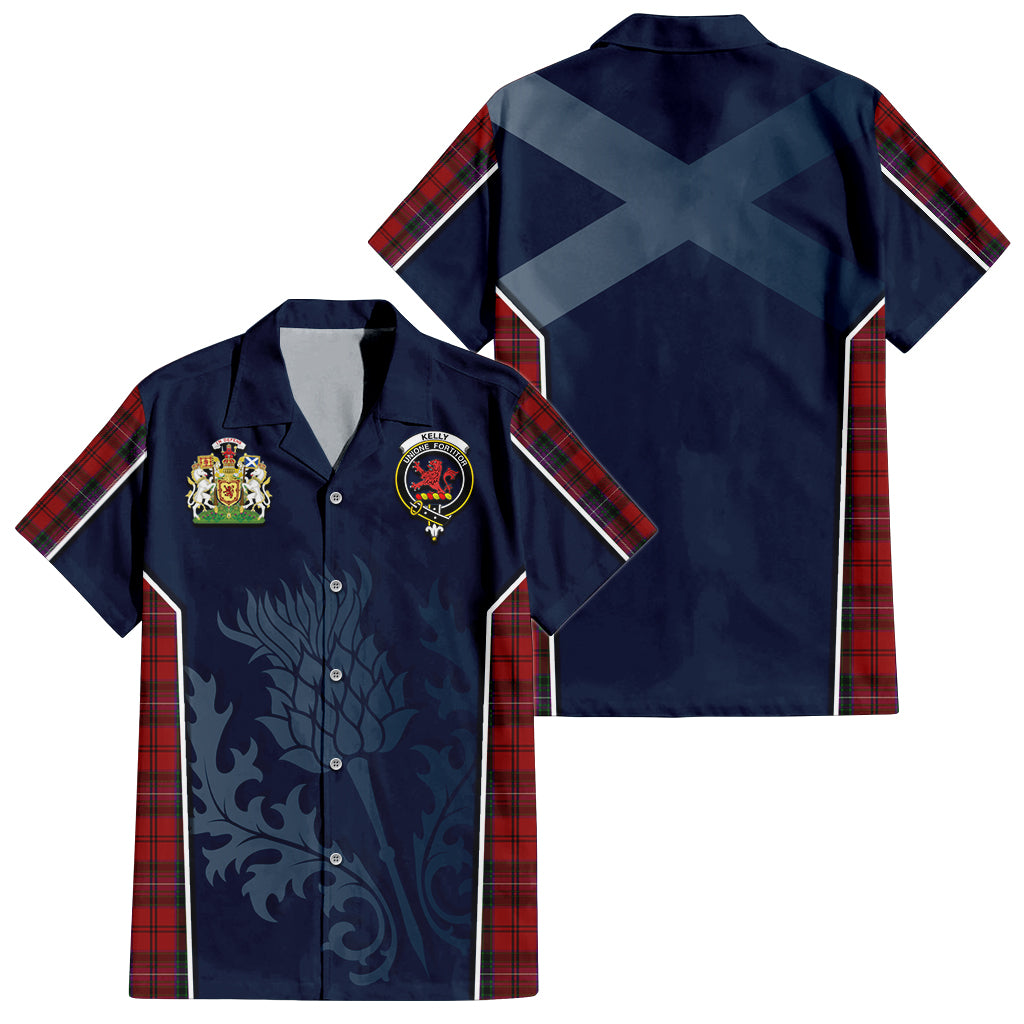 Tartan Vibes Clothing Kelly of Sleat Red Tartan Short Sleeve Button Up Shirt with Family Crest and Scottish Thistle Vibes Sport Style