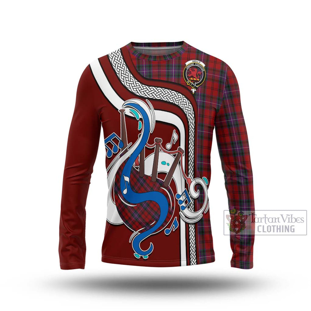 Tartan Vibes Clothing Kelly of Sleat Red Tartan Long Sleeve T-Shirt with Epic Bagpipe Style