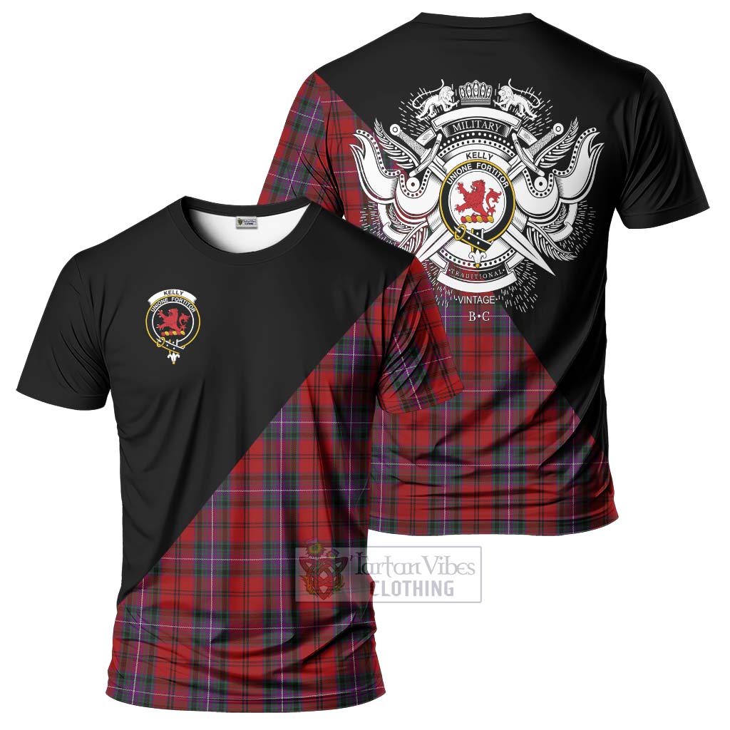 Tartan Vibes Clothing Kelly of Sleat Red Tartan T-Shirt with Family Crest and Military Logo Style