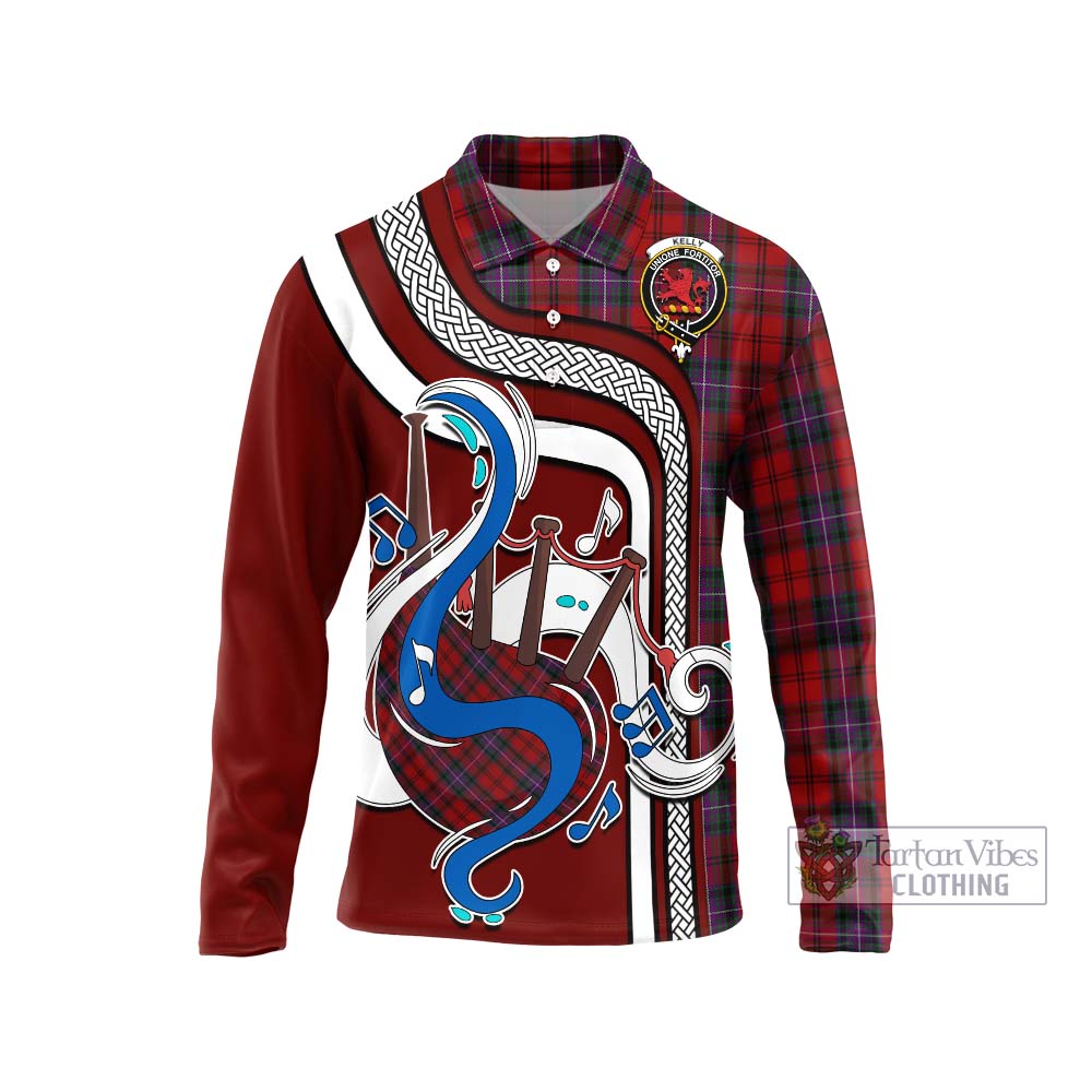 Tartan Vibes Clothing Kelly of Sleat Red Tartan Long Sleeve Polo Shirt with Epic Bagpipe Style