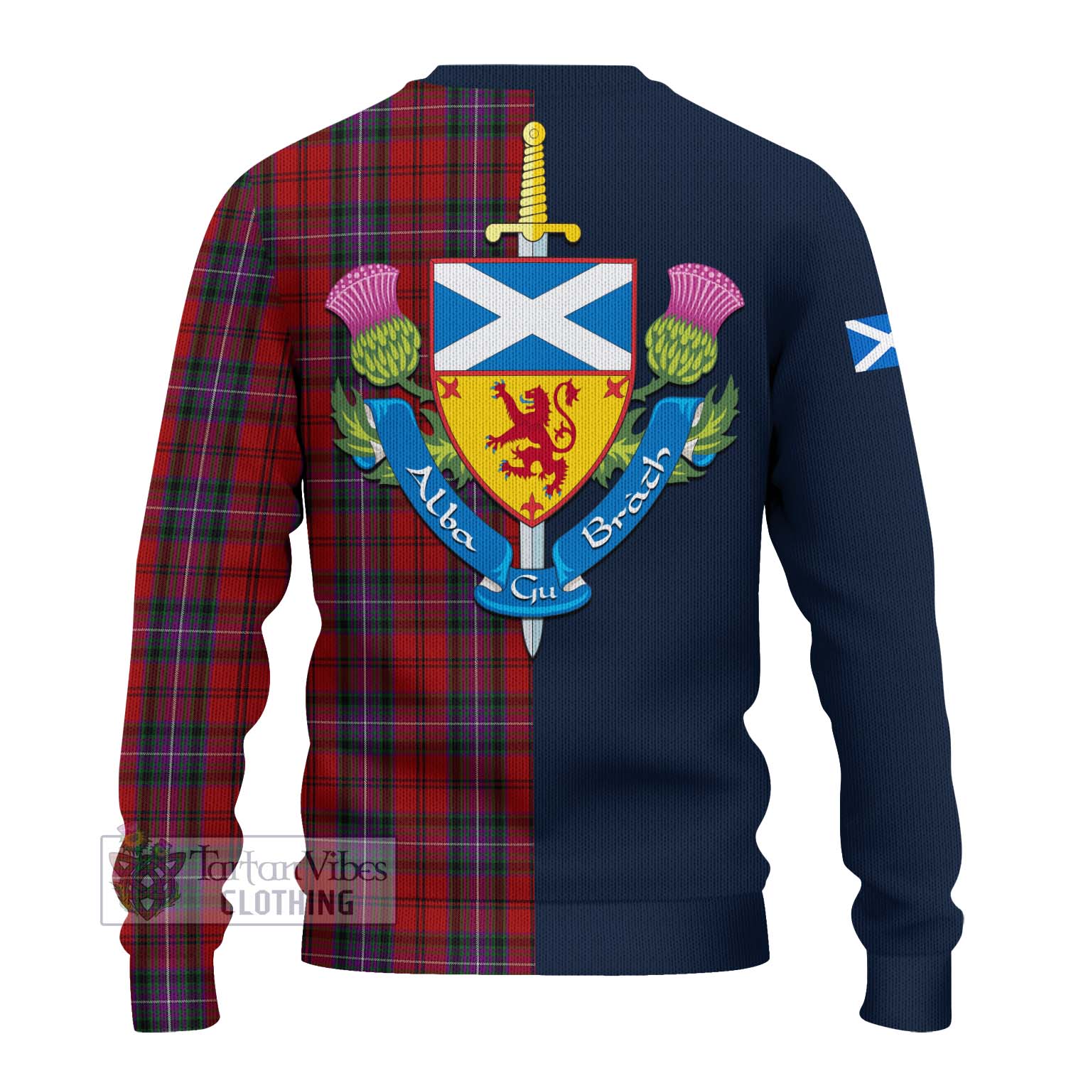 Tartan Vibes Clothing Kelly of Sleat Red Tartan Knitted Sweater with Scottish Lion Royal Arm Half Style