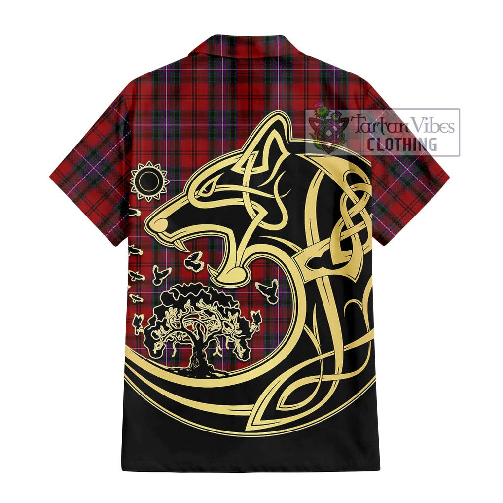 Kelly of Sleat Red Tartan Short Sleeve Button Shirt with Family Crest Celtic Wolf Style - Tartan Vibes Clothing