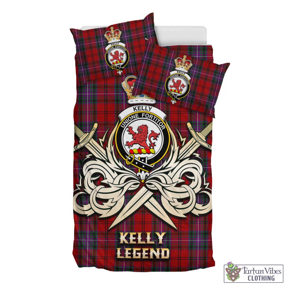 Tartan Vibes Clothing Kelly of Sleat Red Tartan Bedding Set with Clan Crest and the Golden Sword of Courageous Legacy