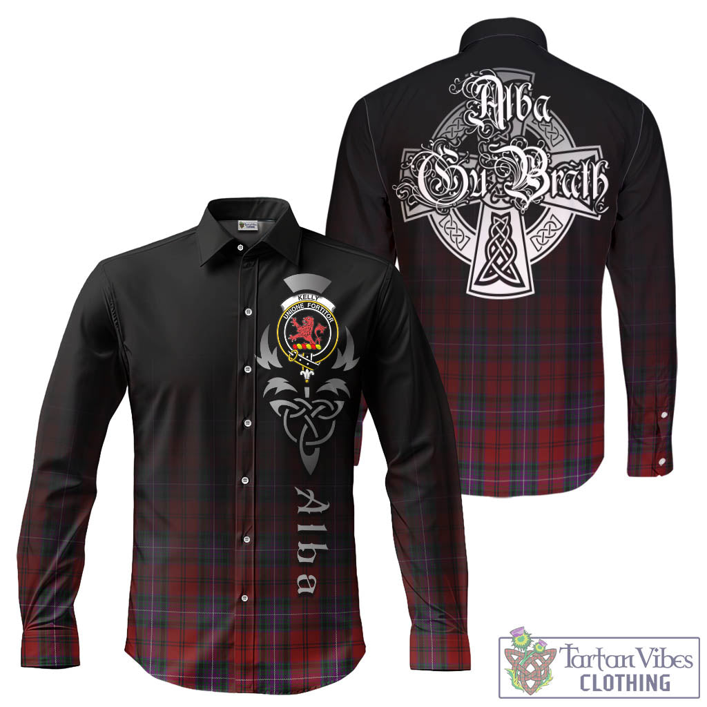 Tartan Vibes Clothing Kelly of Sleat Red Tartan Long Sleeve Button Up Featuring Alba Gu Brath Family Crest Celtic Inspired