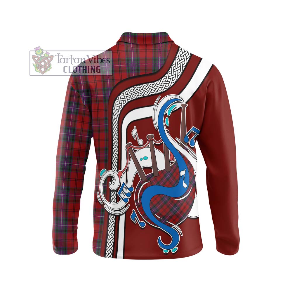 Tartan Vibes Clothing Kelly of Sleat Red Tartan Long Sleeve Polo Shirt with Epic Bagpipe Style