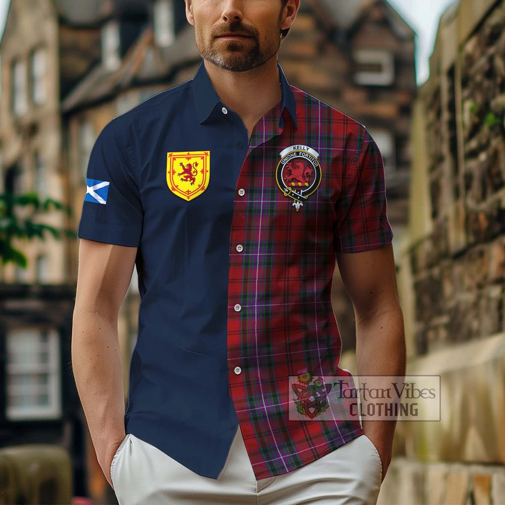 Tartan Vibes Clothing Kelly of Sleat Red Tartan Short Sleeve Button Shirt with Scottish Lion Royal Arm Half Style