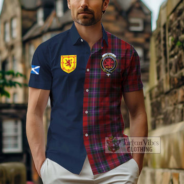 Kelly of Sleat Red Tartan Short Sleeve Button Shirt with Scottish Lion Royal Arm Half Style