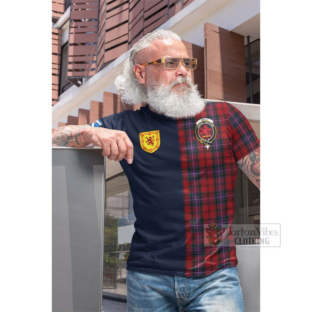 Tartan Vibes Clothing Kelly of Sleat Red Tartan Cotton T-shirt with Scottish Lion Royal Arm Half Style