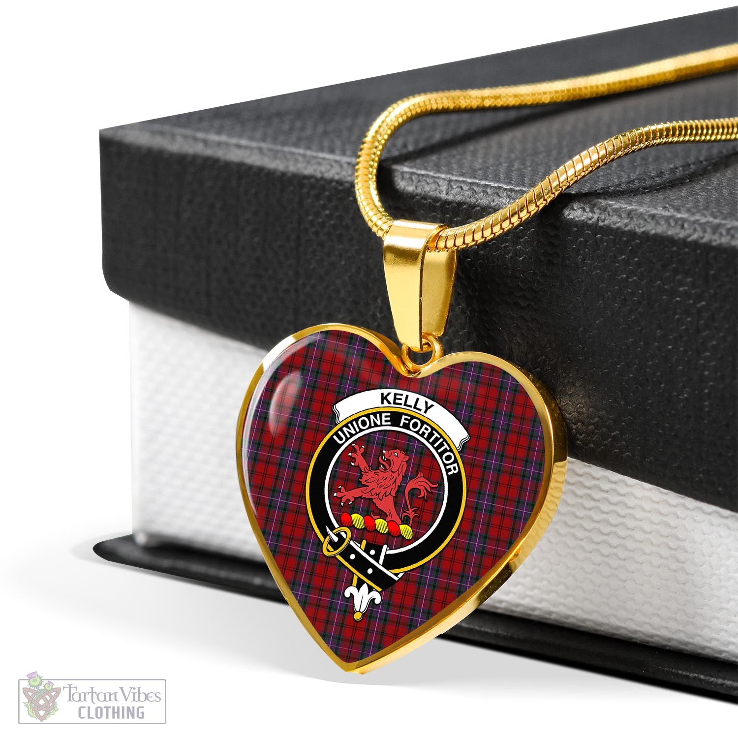 Tartan Vibes Clothing Kelly of Sleat Red Tartan Heart Necklace with Family Crest