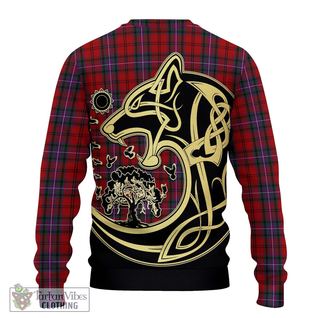 Kelly of Sleat Red Tartan Knitted Sweater with Family Crest Celtic Wolf Style - Tartan Vibes Clothing