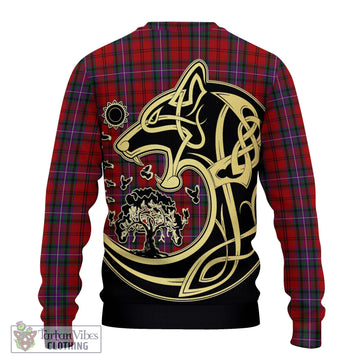 Kelly of Sleat Red Tartan Knitted Sweater with Family Crest Celtic Wolf Style