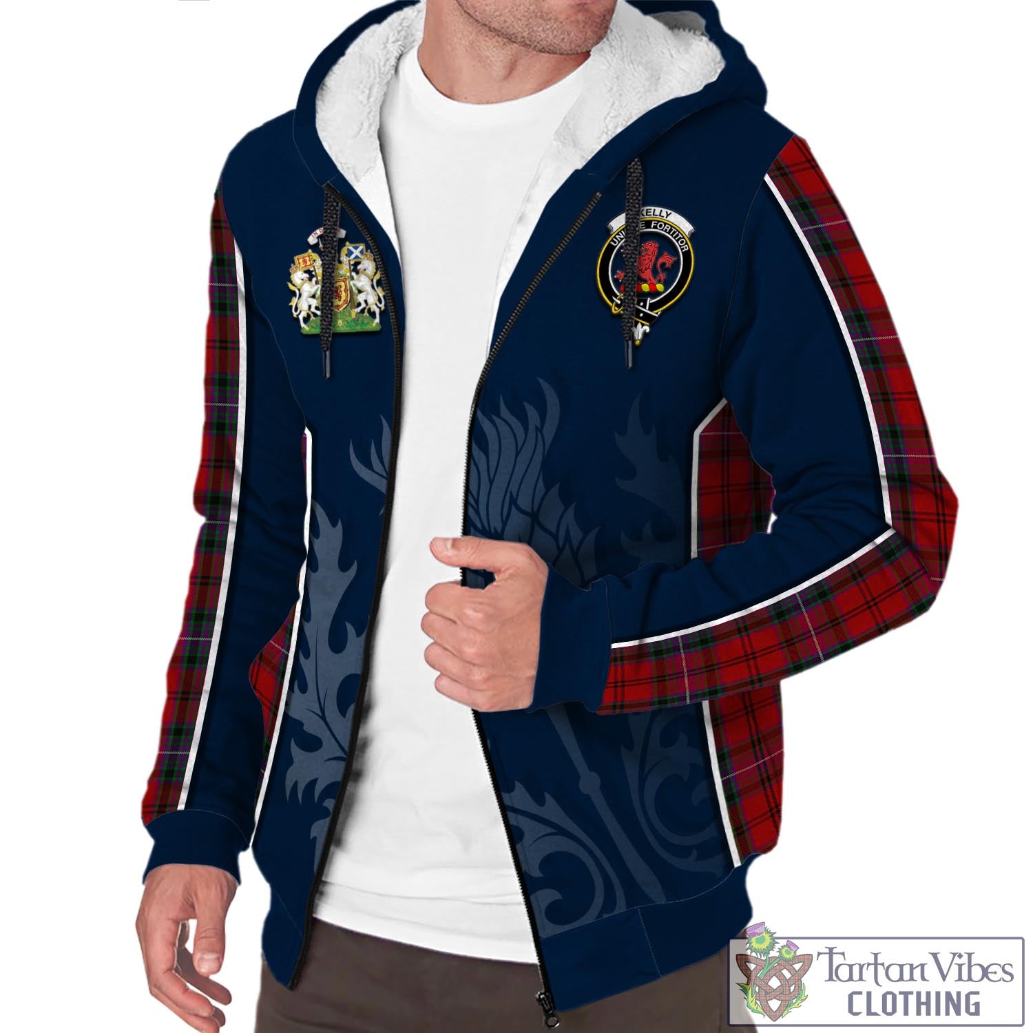 Tartan Vibes Clothing Kelly of Sleat Red Tartan Sherpa Hoodie with Family Crest and Scottish Thistle Vibes Sport Style