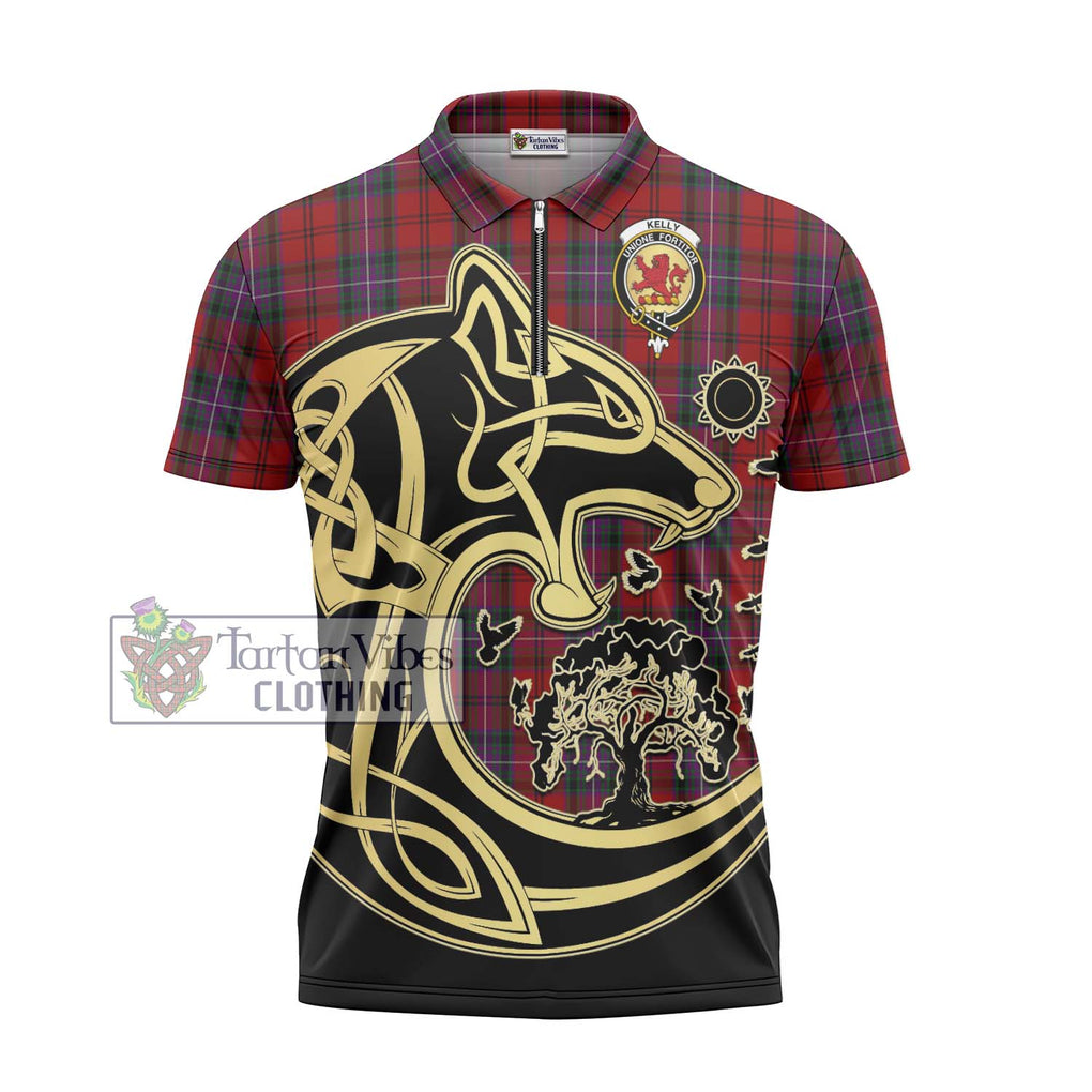 Kelly of Sleat Red Tartan Zipper Polo Shirt with Family Crest Celtic Wolf Style - Tartanvibesclothing Shop