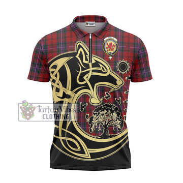 Kelly of Sleat Red Tartan Zipper Polo Shirt with Family Crest Celtic Wolf Style