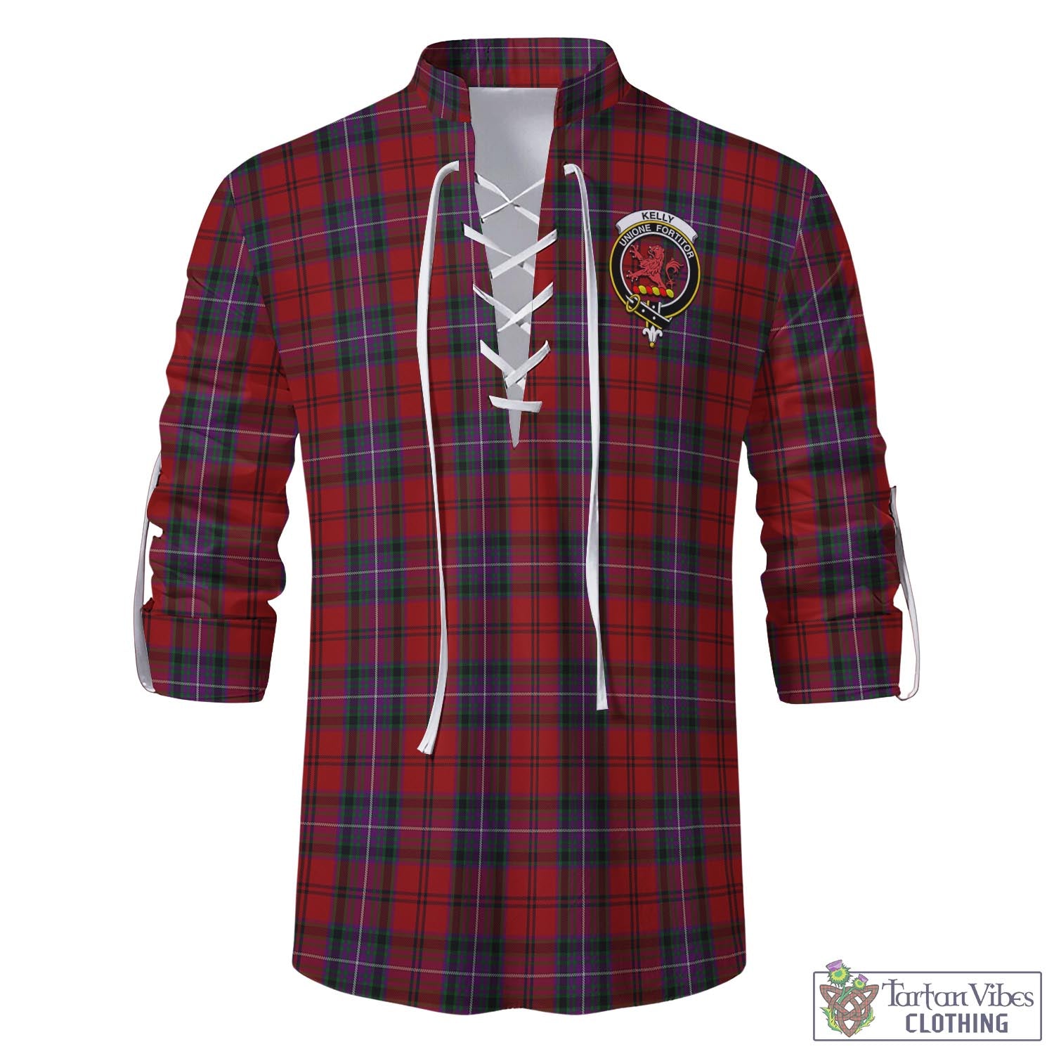 Tartan Vibes Clothing Kelly of Sleat Red Tartan Men's Scottish Traditional Jacobite Ghillie Kilt Shirt with Family Crest