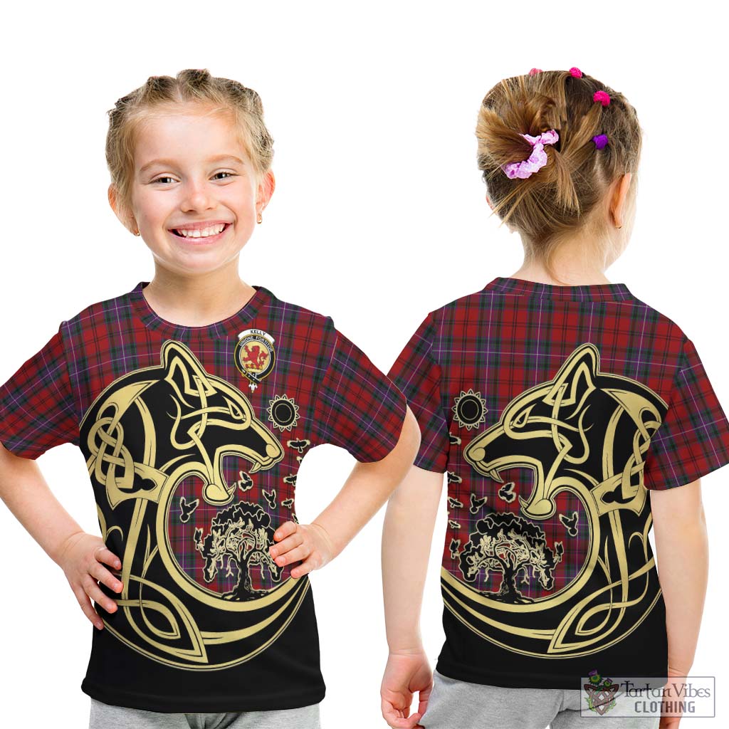 Tartan Vibes Clothing Kelly of Sleat Red Tartan Kid T-Shirt with Family Crest Celtic Wolf Style
