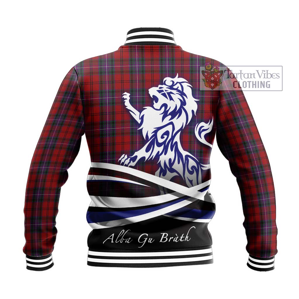 Tartan Vibes Clothing Kelly of Sleat Red Tartan Baseball Jacket with Alba Gu Brath Regal Lion Emblem