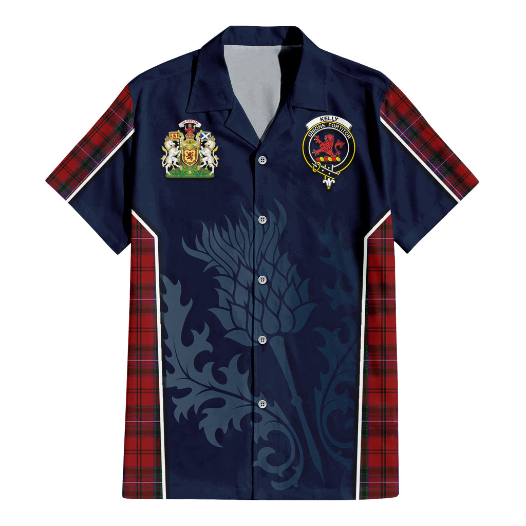 Tartan Vibes Clothing Kelly of Sleat Red Tartan Short Sleeve Button Up Shirt with Family Crest and Scottish Thistle Vibes Sport Style