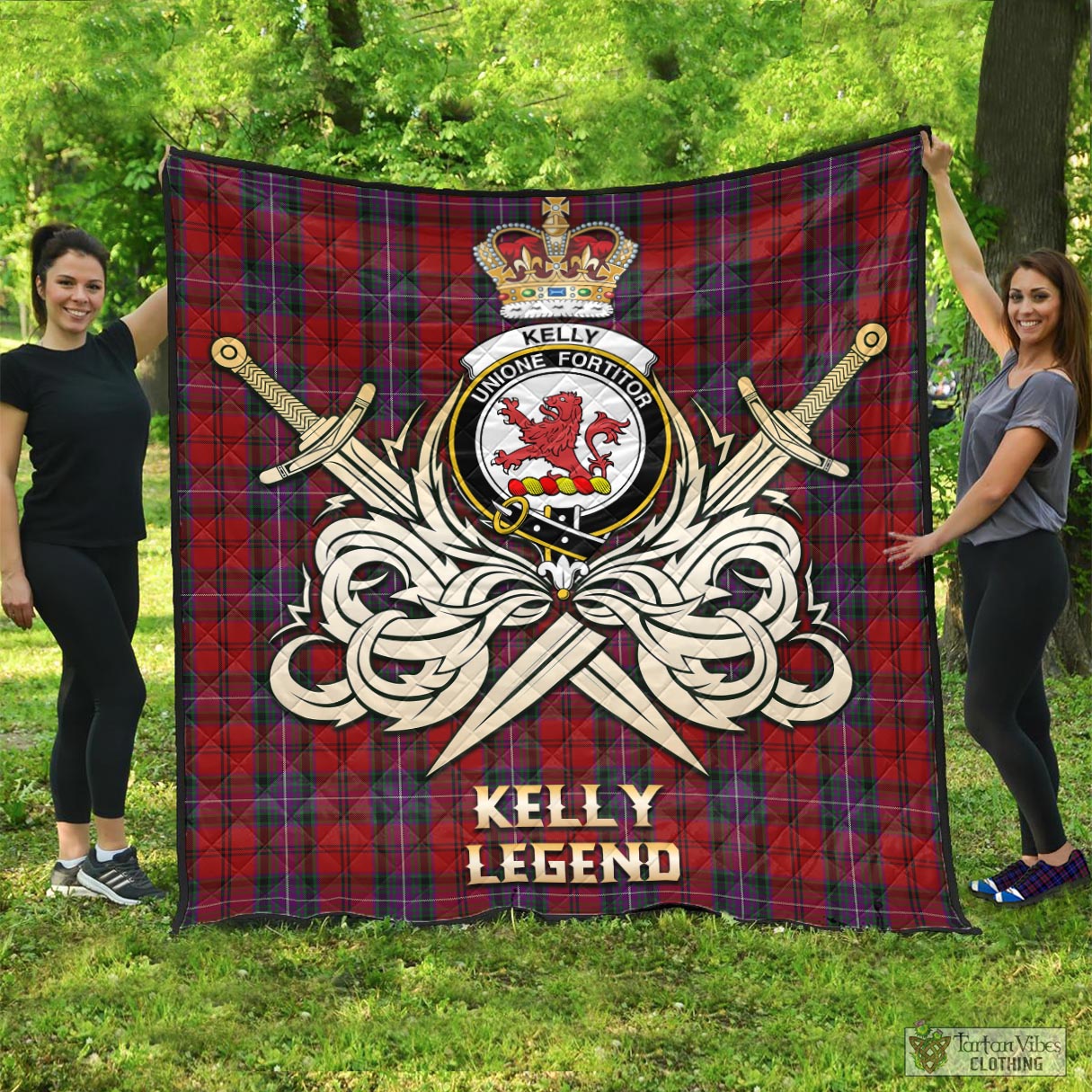 Tartan Vibes Clothing Kelly of Sleat Red Tartan Quilt with Clan Crest and the Golden Sword of Courageous Legacy