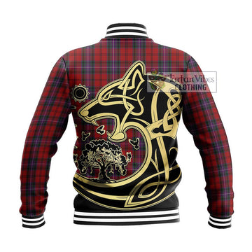 Kelly of Sleat Red Tartan Baseball Jacket with Family Crest Celtic Wolf Style