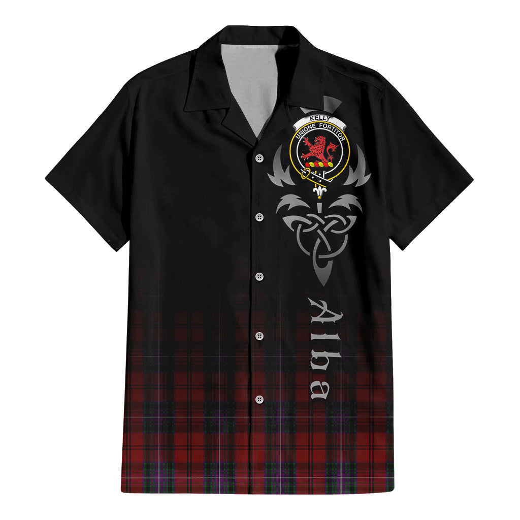 Tartan Vibes Clothing Kelly of Sleat Red Tartan Short Sleeve Button Up Featuring Alba Gu Brath Family Crest Celtic Inspired