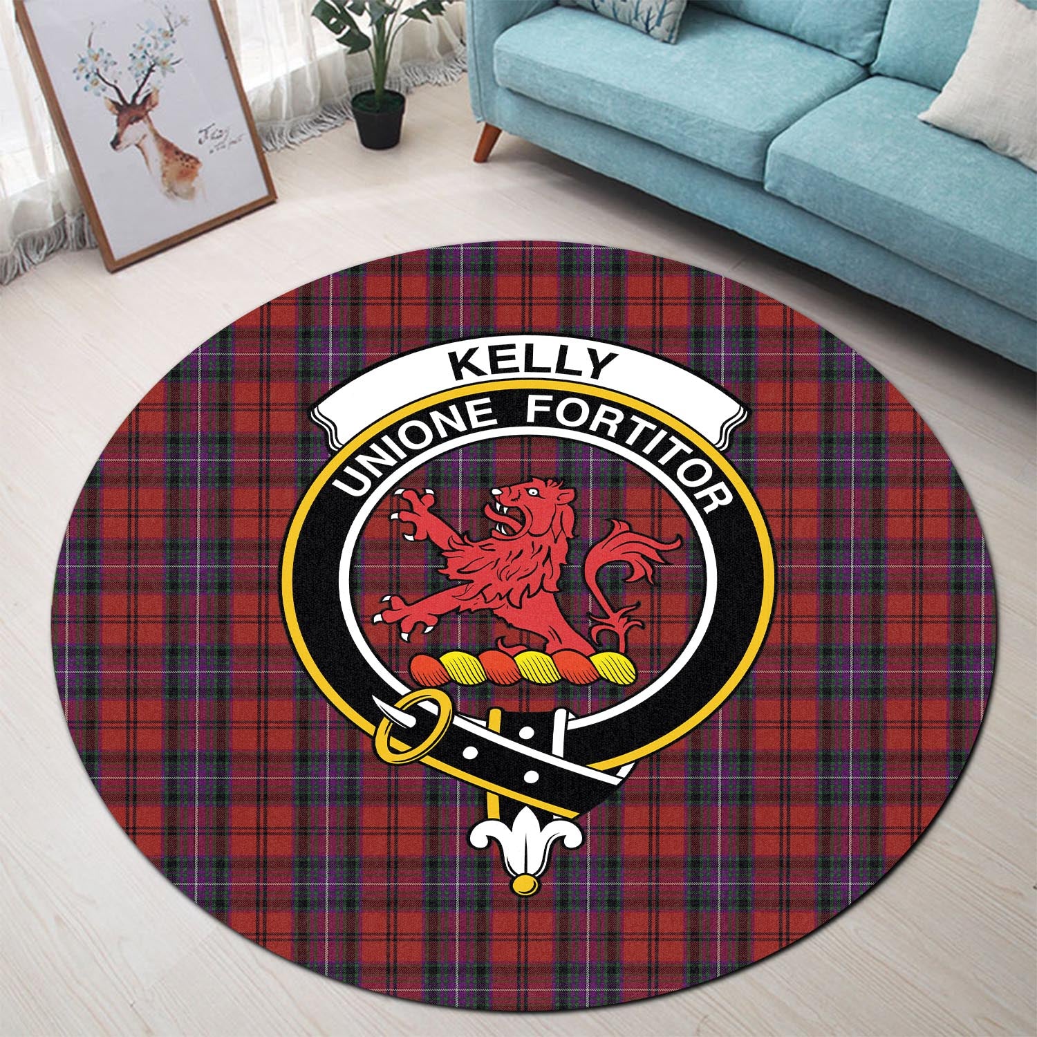 kelly-of-sleat-red-tartan-round-rug-with-family-crest