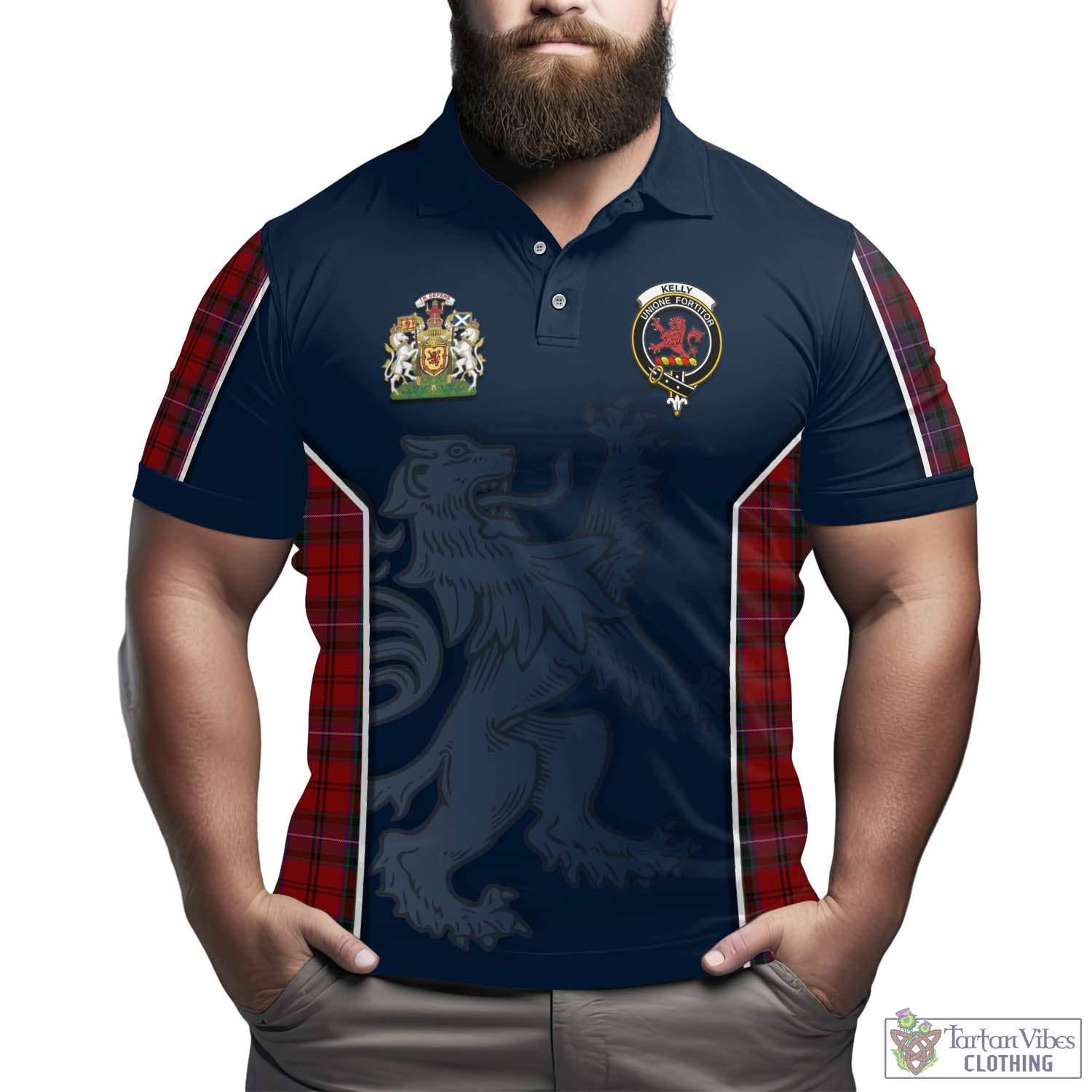 Tartan Vibes Clothing Kelly of Sleat Red Tartan Men's Polo Shirt with Family Crest and Lion Rampant Vibes Sport Style