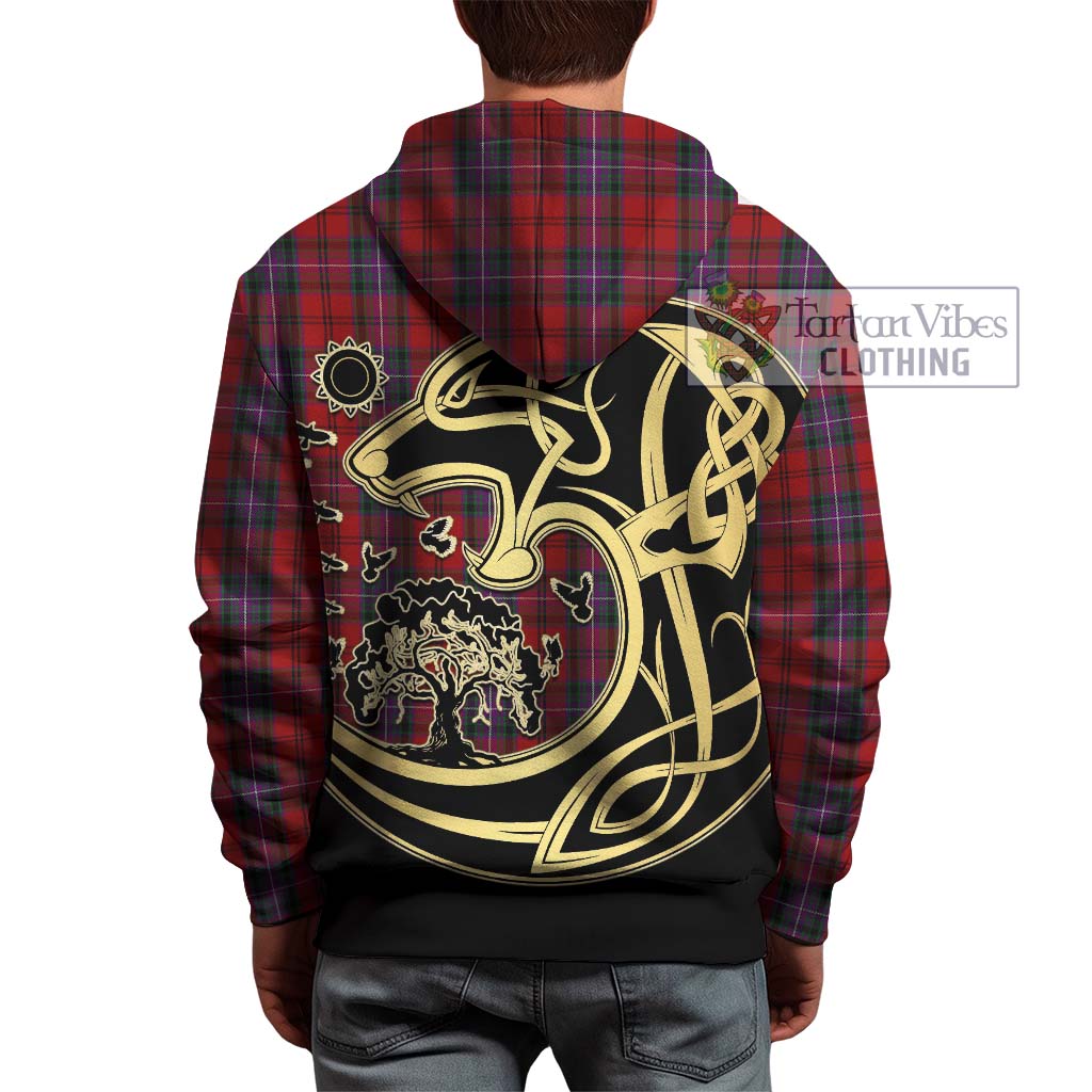 Tartan Vibes Clothing Kelly of Sleat Red Tartan Hoodie with Family Crest Celtic Wolf Style