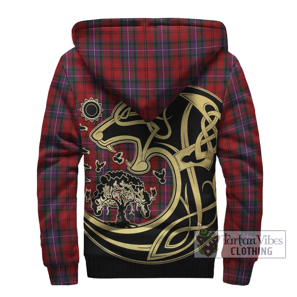 Tartan Vibes Clothing Kelly of Sleat Red Tartan Sherpa Hoodie with Family Crest Celtic Wolf Style
