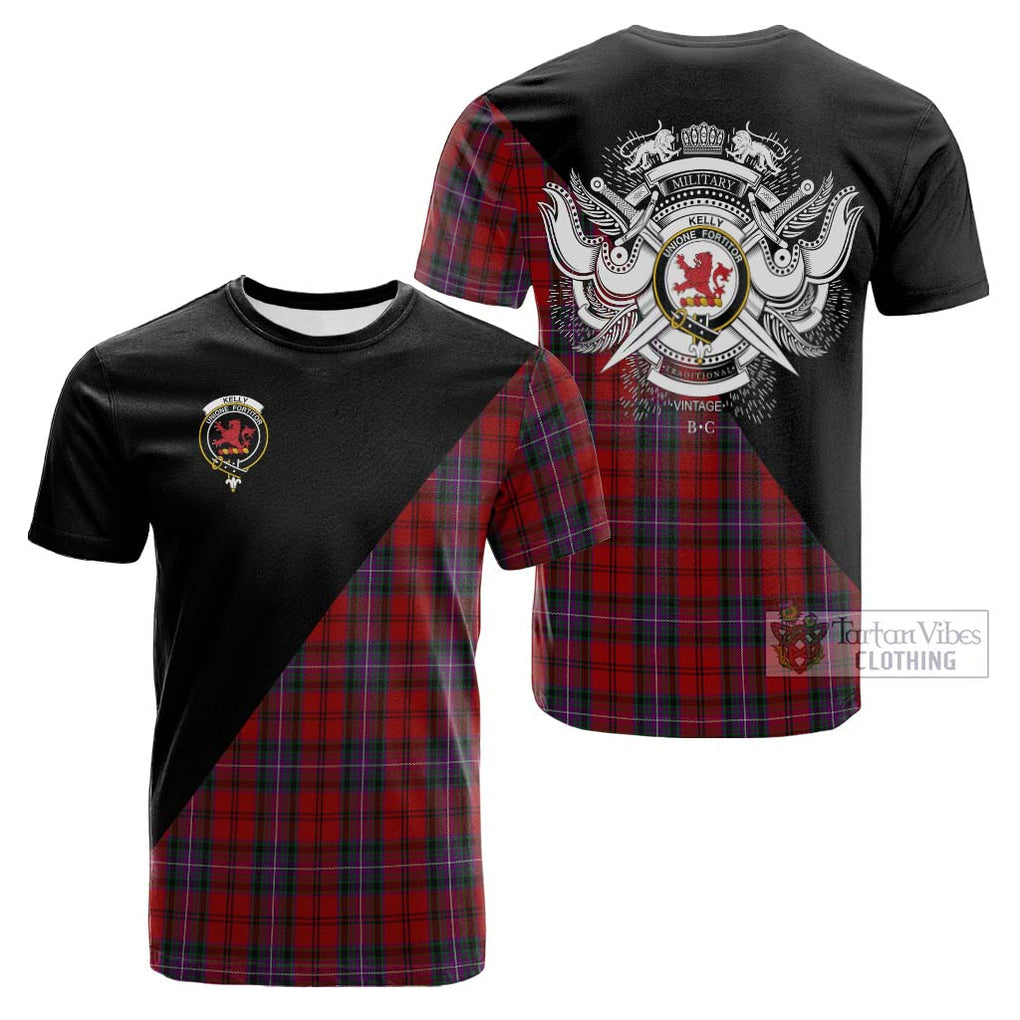 Tartan Vibes Clothing Kelly of Sleat Red Tartan Cotton T-shirt with Family Crest and Military Logo Style