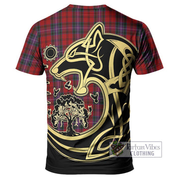 Kelly of Sleat Red Tartan T-Shirt with Family Crest Celtic Wolf Style