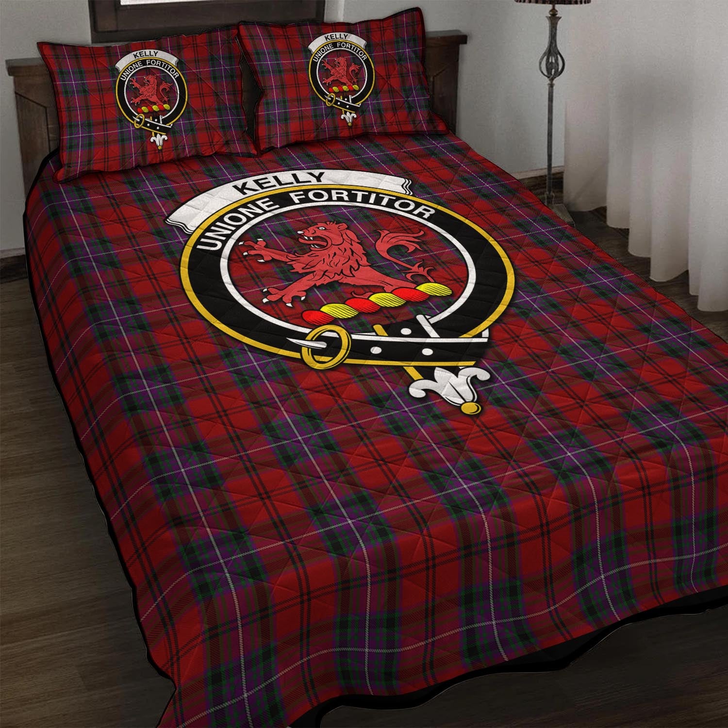 Kelly of Sleat Red Tartan Quilt Bed Set with Family Crest - Tartanvibesclothing