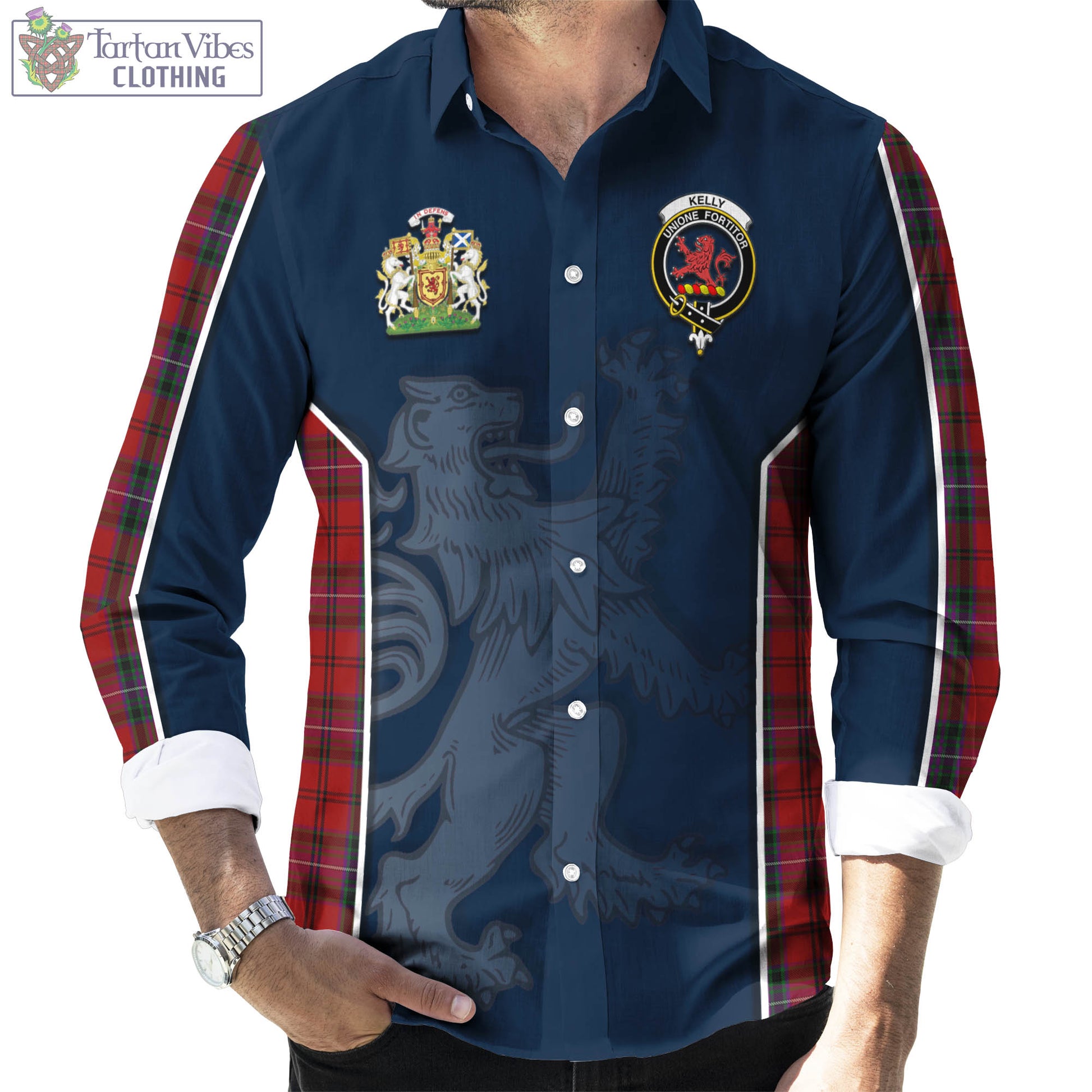 Tartan Vibes Clothing Kelly of Sleat Red Tartan Long Sleeve Button Up Shirt with Family Crest and Lion Rampant Vibes Sport Style