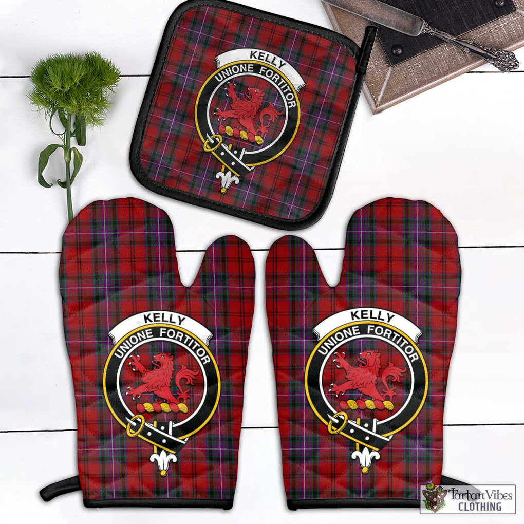 Kelly of Sleat Red Tartan Combo Oven Mitt & Pot-Holder with Family Crest Combo 1 Oven Mitt & 1 Pot-Holder Black - Tartan Vibes Clothing