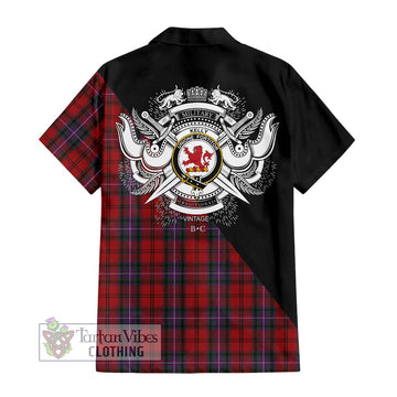 Kelly of Sleat Red Tartan Short Sleeve Button Shirt with Family Crest and Military Logo Style