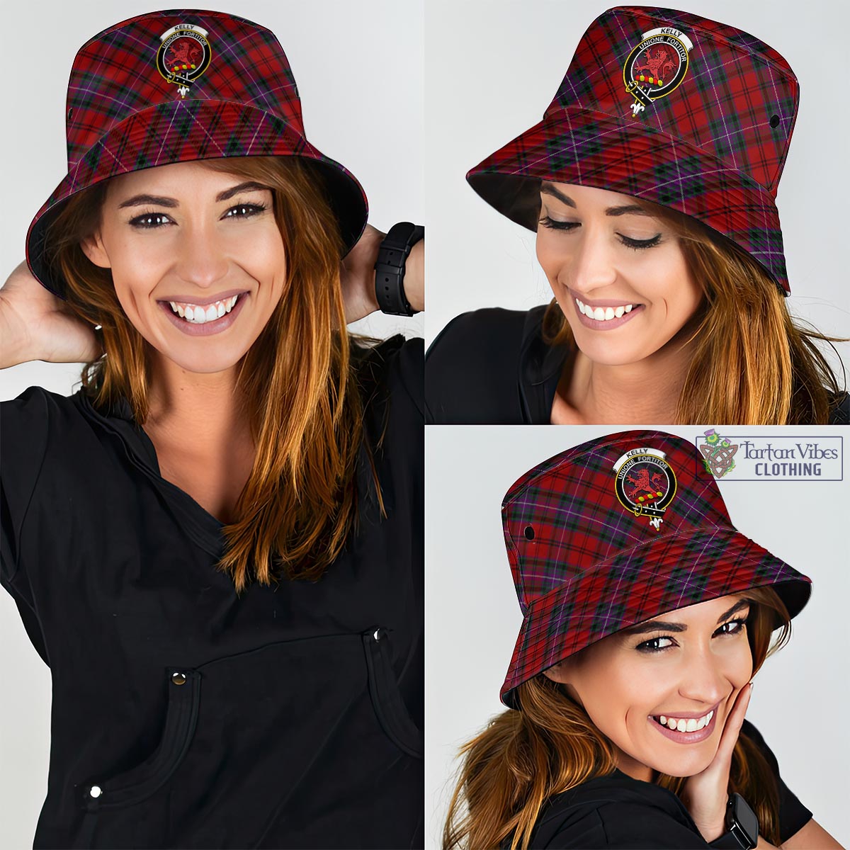 Tartan Vibes Clothing Kelly of Sleat Red Tartan Bucket Hat with Family Crest