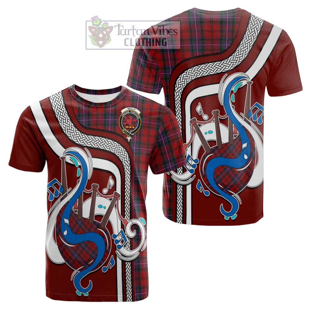 Tartan Vibes Clothing Kelly of Sleat Red Tartan Cotton T-shirt with Epic Bagpipe Style